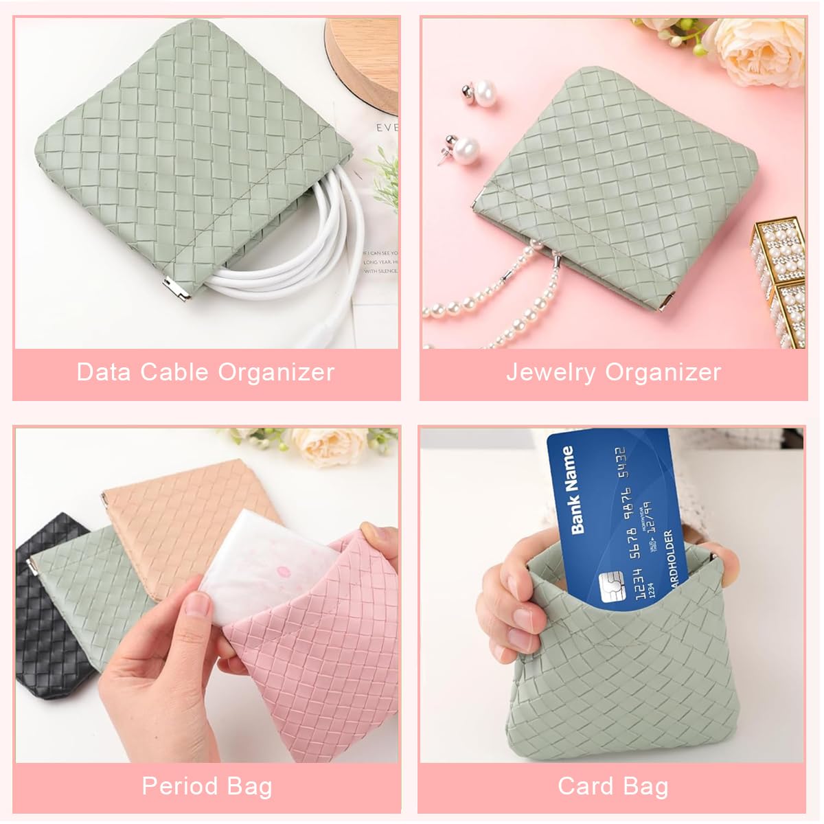 MAYCREATE Small Makeup Pouch 4Pcs Set, Small Pouches Makeup Bag PU Leather Mini Cosmetic Bag Weave Lipstick Makeup Pouches for Women Pocket Coin Purse Organizer