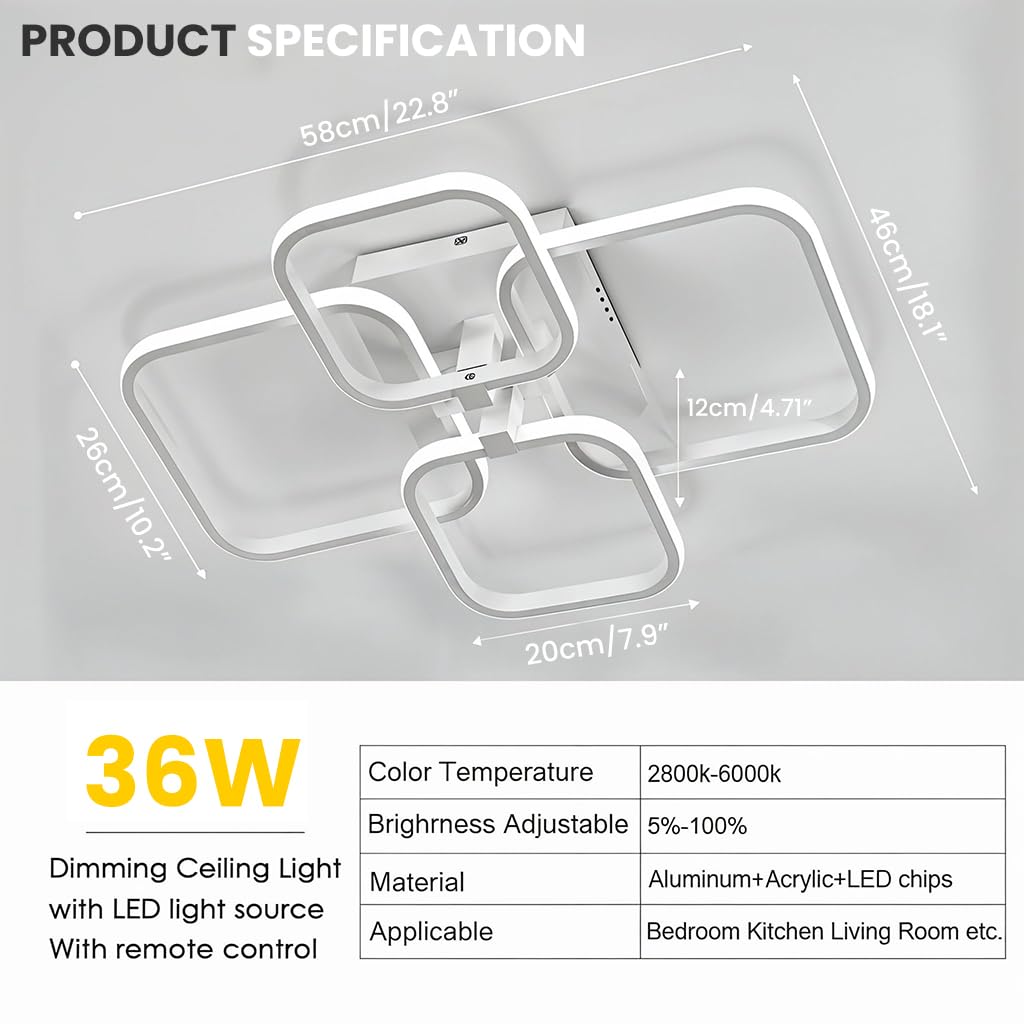 ELEPHANTBOAT® LED Ceiling Light with Remote Control 3-Color LED Ceiling Light for Living Room White Acrylic Modern LED Ceiling Light Flush Mount LED Ceiling Light for Living Room, Bedroom, 58x45x12cm