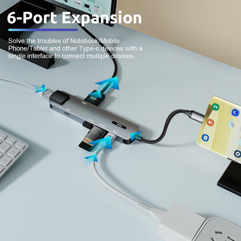 Verilux USB C Hub with Ethernet 6 in 1 USB Type C Hub with 4K HDMI Converter, PD 100W Charging Port, Multi USB Port for Laptop with USB Hub 3.0 and 2.0 for MacBook Air M1 Pro, iPhone 15 Max Pro Plus