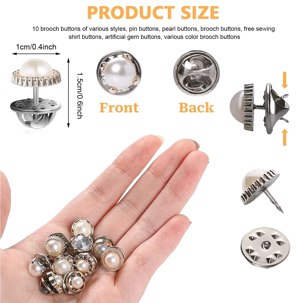 SANNIDHI 10 Pcs Pearl Buttons for Clothes, Instant Shirt Brooch Buttons for Women, Rhinestones Cover Up Hijab Saree Pins Brooch for Dress Bags DIY Crafts Decor