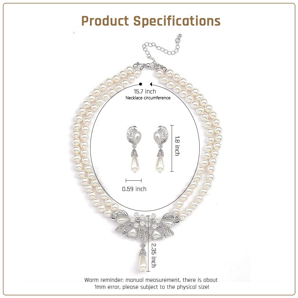 SANNIDHI Pearl Necklace Earrings Double Layer Faux Pearl Necklace Eardrop Set for Women Girls, Lady Pearl Pendent Necklace, Elegant Bridal Jewelry Set, Pearl Necklace Earrings Set for Banquet, Party