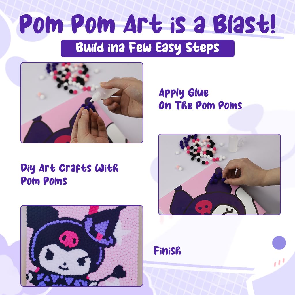 PATPAT DIY Pom Poms Art Material Kit Kawaii Kuromi DIY Pom Poms Art Wall Deocration 7.87x7.87 Inches Kuromi Pom Poms Art Beginners Pom Poms Art Material Kit for Kids and Adults