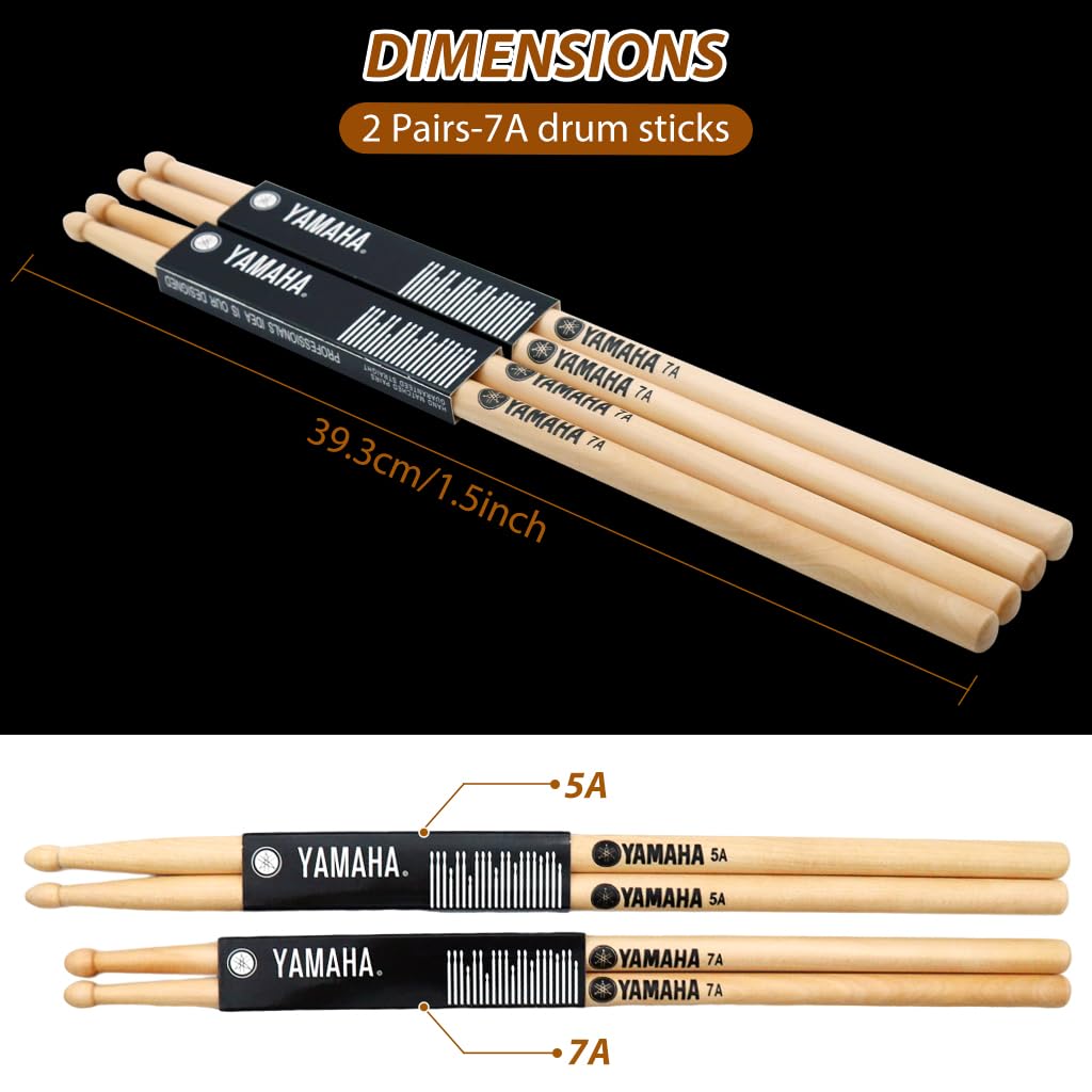 HASTHIP 7A Drum Sticks Maple Drumsticks, 2 Pair 15.5inch Drum Sticks Set, Wood Drumsticks Drum Accessories for Adults & Youth, Oval Wood Tip, Perfect for Pros and Beginners