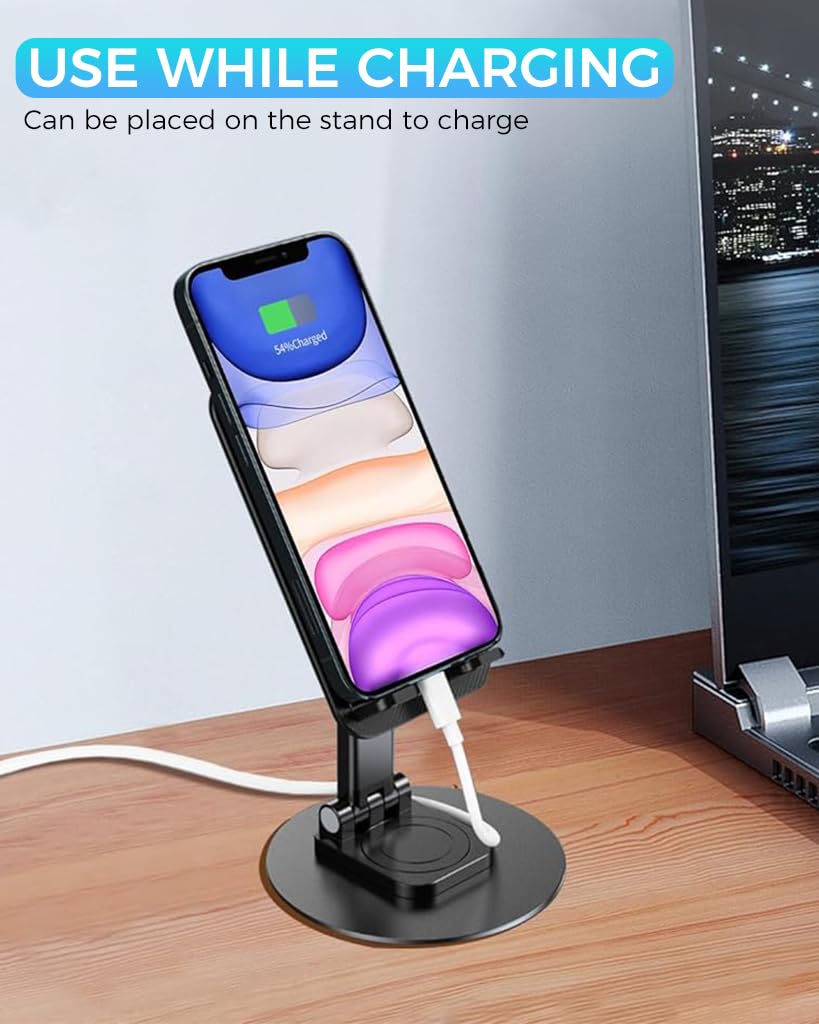ZORBES Phone Stand Desk Metal Phone Holder 360° Rotatable Mobile Phone Stand, Adjustable Tilting Mobile Stand, Anti-Slip Metal Phone Stand for iPhone 15/14/ 13, Samsung, More