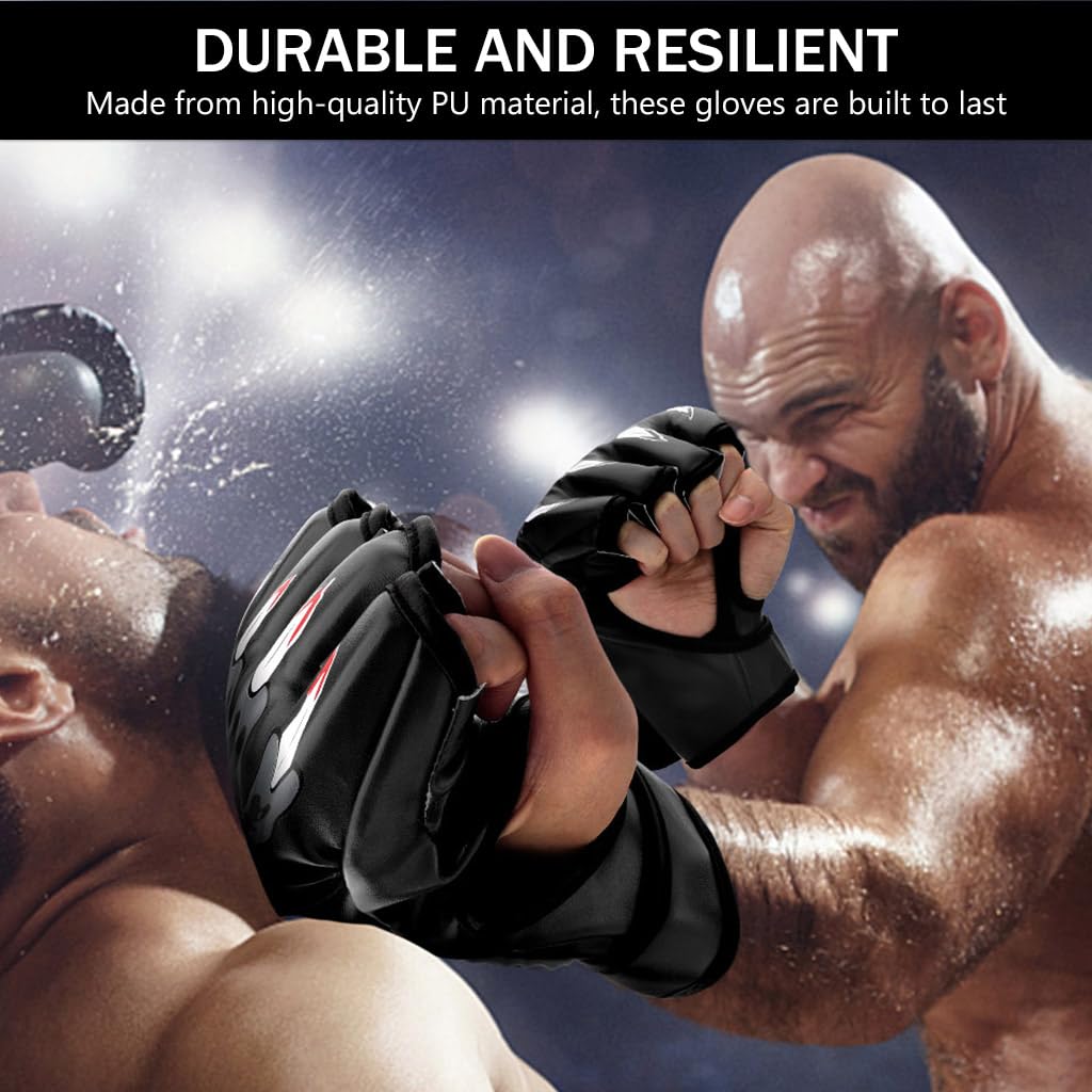 Proberos Boxing Gloves Black Print MMA Gloves with Adjustable Wristband, Breathable Fingerless MMA Gloves for Boxing, Muay Thai and Sparring Sessions, Punching Gloves