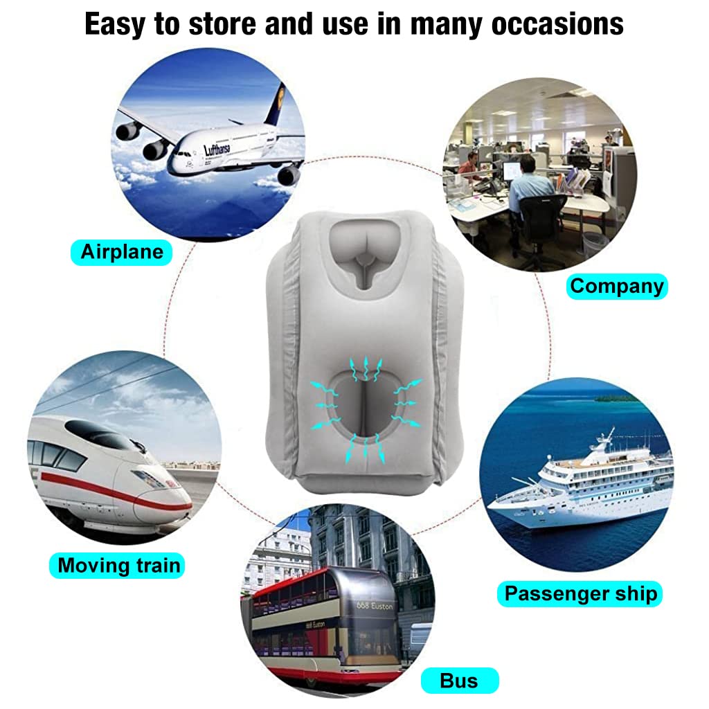 HANNEA Inflatable Travel Pillow, Inflatable Neck Air Pillow for Sleeping, Support Head, Chin, Neck and Lumbar, Avoid Neck & Shoulder Pain, Comfortable for Airplane, Car, Polyvinyl Chloride, Grey