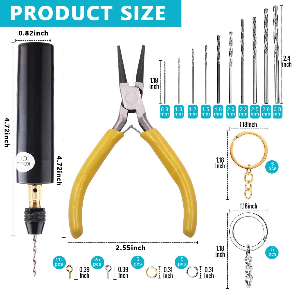 Serplex Mini Electric Drill Machine for Resin Craft, USB Electric Drill Kit with Wrench, Box of Drill Bit(0.8-3.0mm), 10pcs Keychain, 50pcs Screw Eyes, for Jewelry Making Tool, DIY Keychain Making
