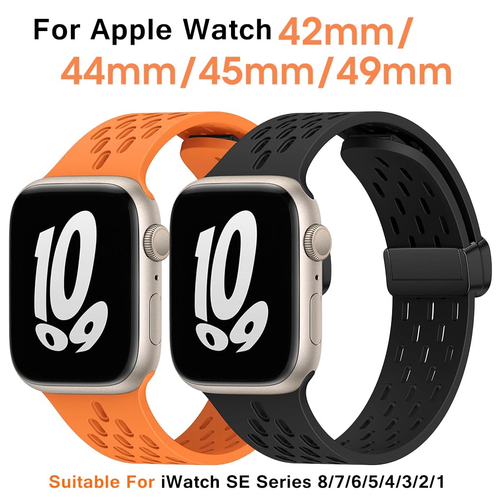 ZORBES Watch Band 42mm Universal Watch Strap for Apple Watch 42mm/44mm/45mm/49mm Fashion Silicone Breathable Sport Wristwatch Band Adjustable Magnet Clasp Watch Band, 2pcs, Black & Orange
