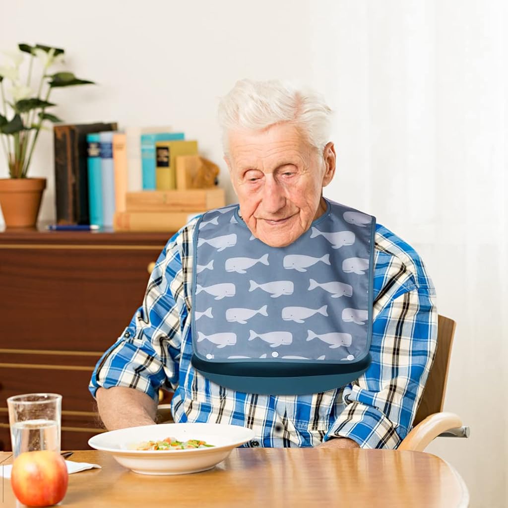 MAYCREATE Waterproof Adjustable and Washable Dining Short Style with Leakproof Pocket Adult Bibs for Elderly Seniors and Disabled Men & Women Eating Cloth (Light Blue)