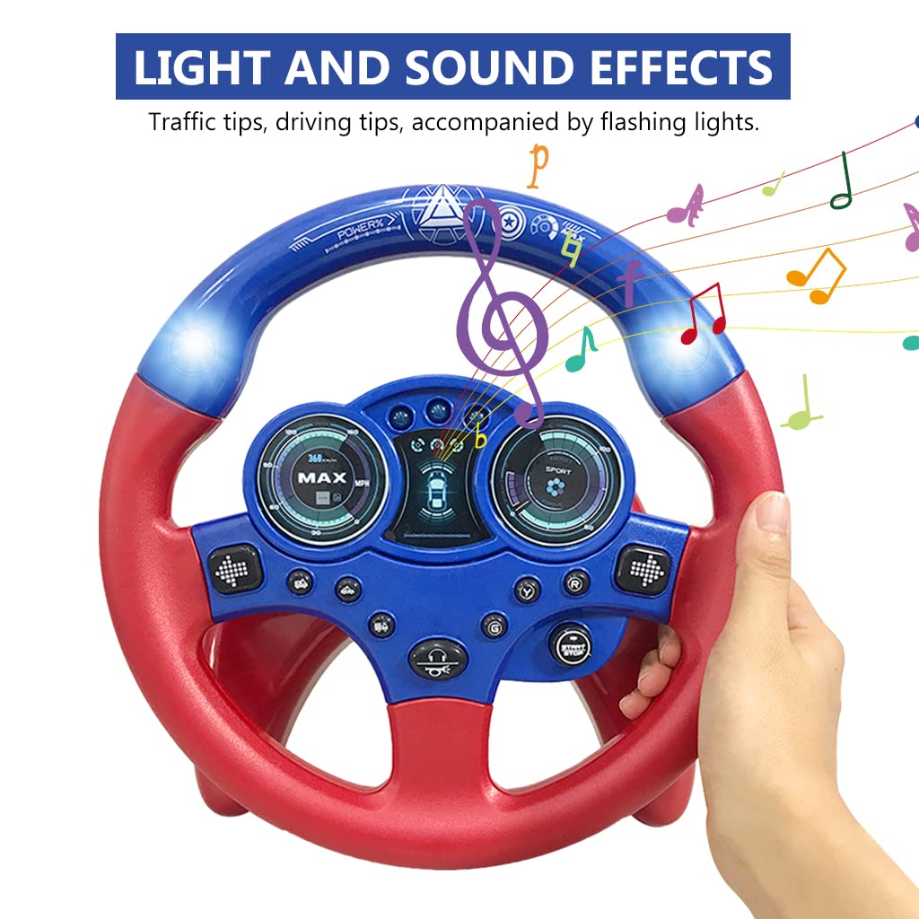 PATPAT Steering Wheel for Kids Simulation Racing Learning Educational Toys, Steering Wheel Toy, Musical Toys, Simulated Driving Sensory Toy Gifts for Baby Girls Boys 1-3 Years, Blue&Red