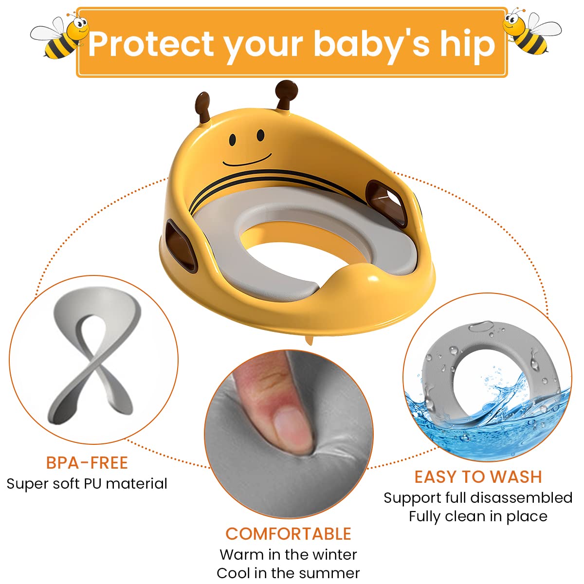 SNOWIE SOFT Potty Training Seat for Kids 1+ Years Old Kids with Soft PU Cushion and Safe Handles, Toilet Seat for Boys Girls with Non-Slip and Splash Guard, Potty Seat Detachable Training Seat Sheet