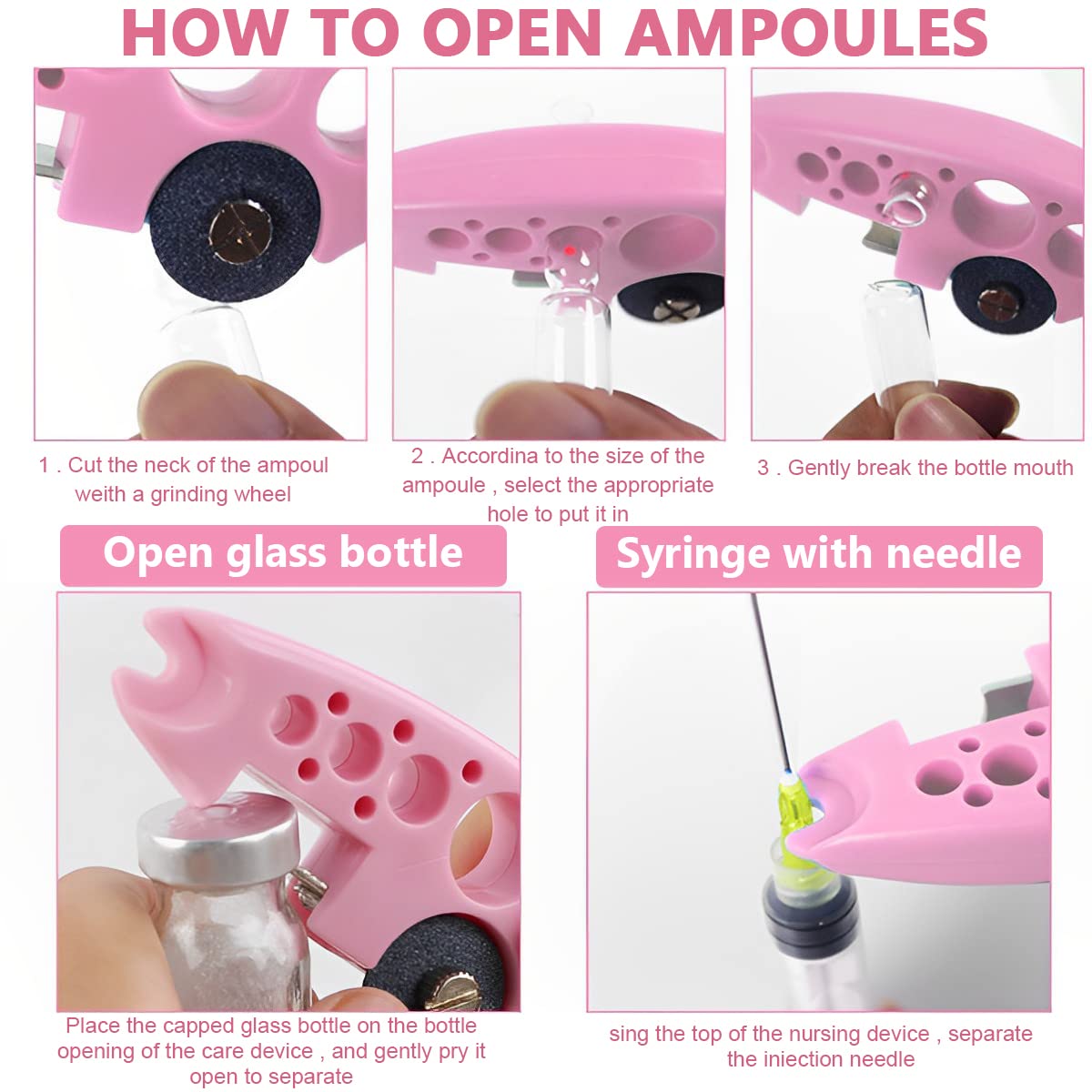 HASTHIP® Ampule Cutter with 5 Replaceable Grinding Wheels, Ampoule Cutter for Doctors, Glass Bottle Cutter, Ampule Breaker, Suitable for Home Daily or Medical Use, Cut The Ampoule (Pink)