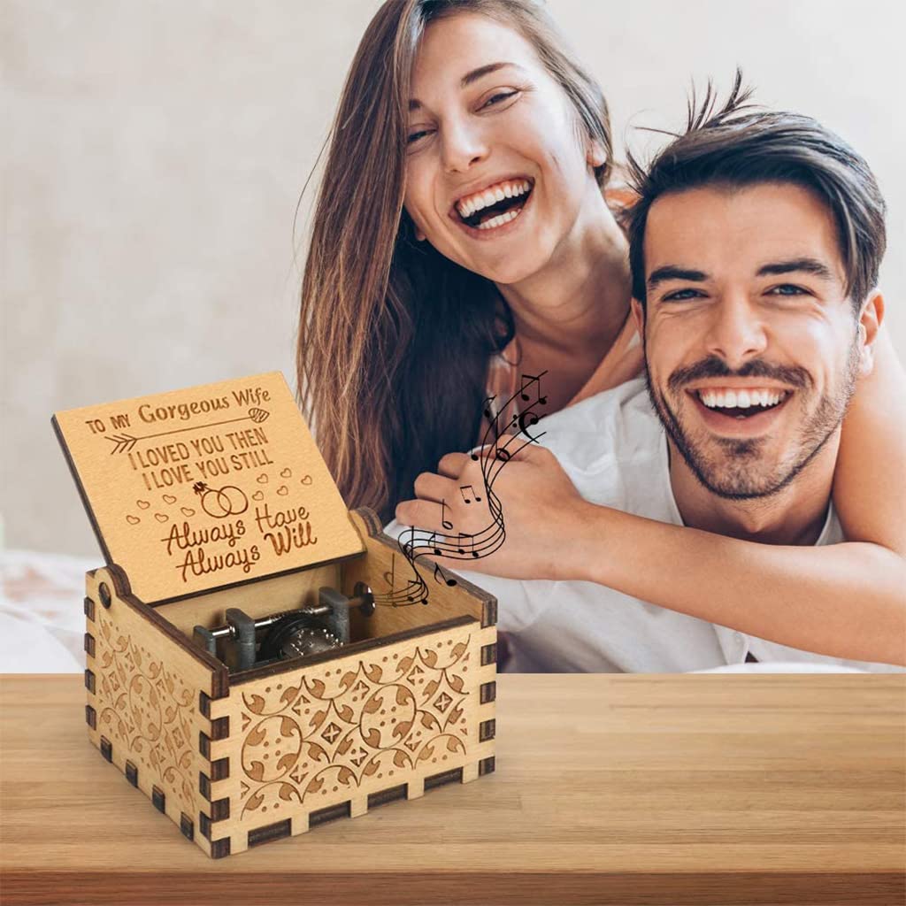 PATPAT Music Box to My Gorgeous Wife Hand Crank Wooden Musical Boxes, Antique Engraved Musical Toys for Wife - Gifts for Wife, AnniversayBirthday/Christmas/Valentine's Day