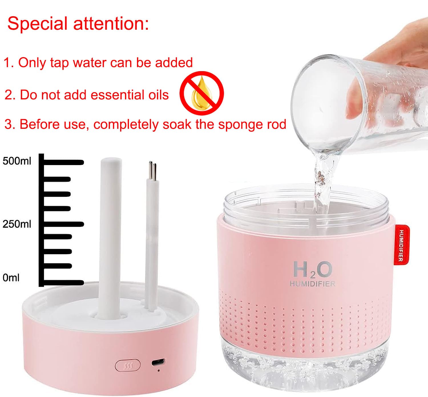 HASTHIP Humidifier for Room Moisture 500ML 26dB Air Humidifier for Bedroom Ultrasonic Cool Mist Car Humidifier with Atmosphere Light Desktop Humidifier Office Bedroom Auto Shut-Off with 2 Spray Mode