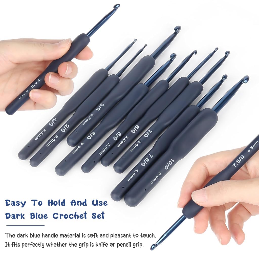 ZIBUYU Crochet Hooks Set of 9Pcs Aluminum Crochet Hooks 2.0 mm-6mm TPR Rubbrized Handle Crochet Hooks DIY Crochet Hooks for DIY Crochet Projects Beginners Crochet Hooks Set, Dark Blue