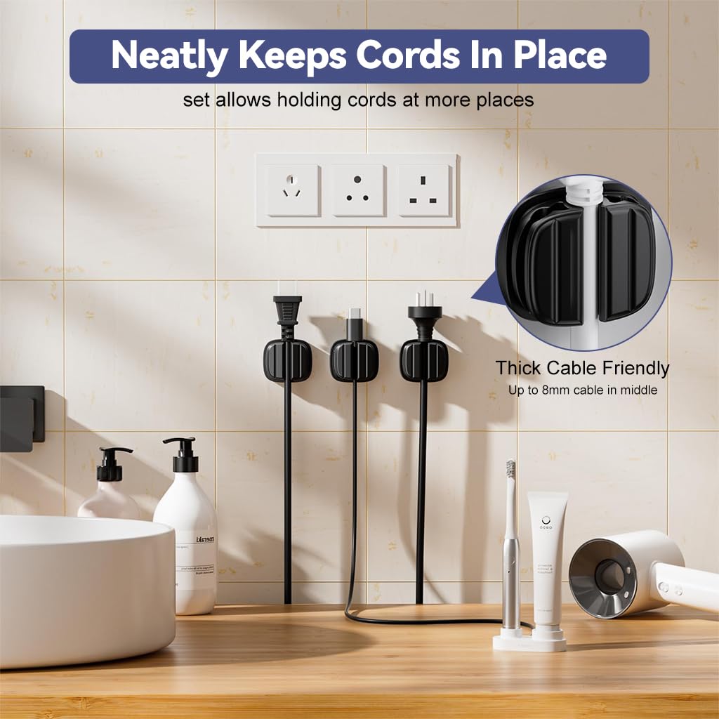 HASTHIP Multi Cable Holder Wall Cable Clip Holder Self Adhesive Multi Cable Clip Holder Holding Up to 3 Cables, Under Desk Cable Organizer Holder Power Cable Grip Cable Management Clip Holder