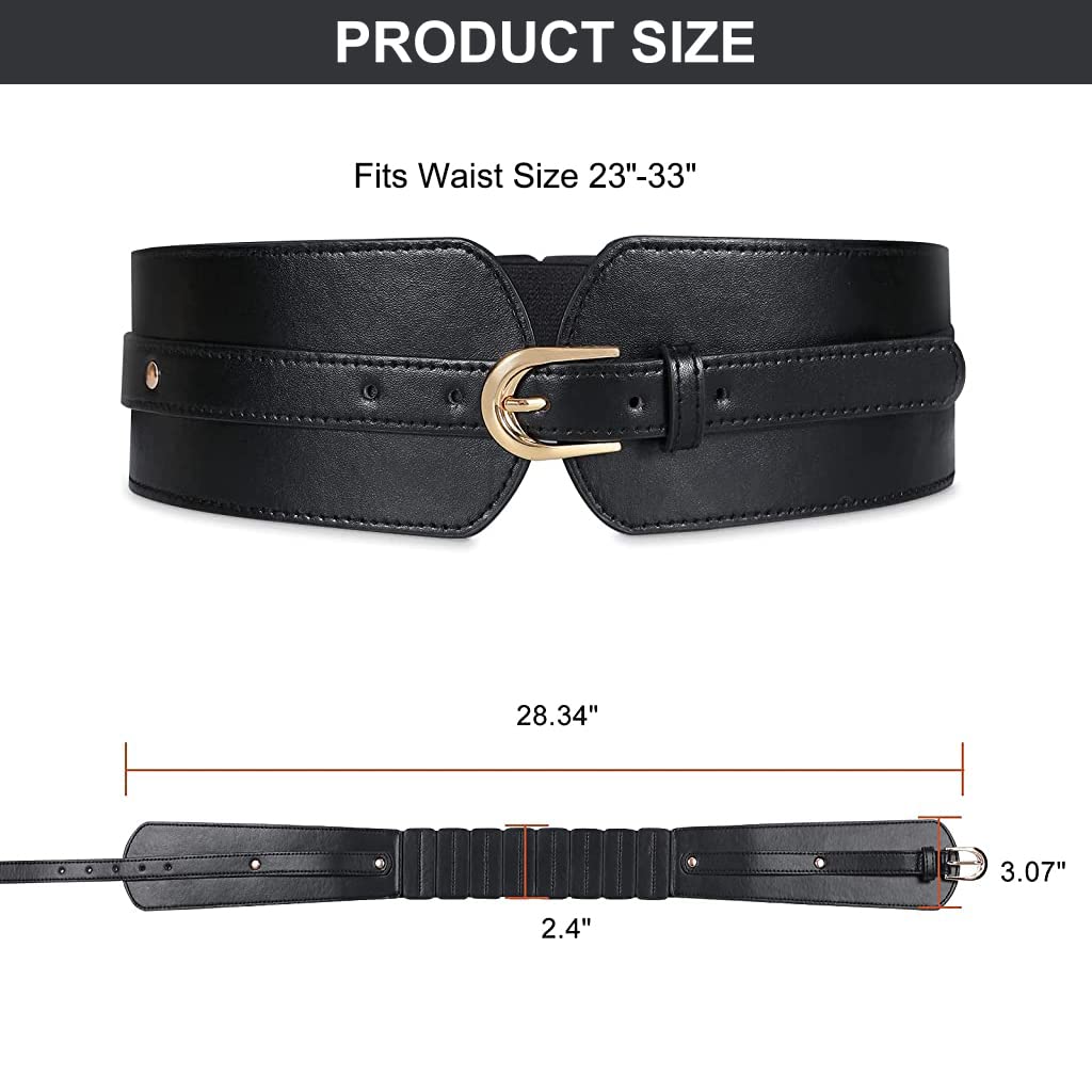 PALAY Black Belt for Women Dress Stretchy Fashion PU Leather Wide Waist Belt Vintage Metal Buckle Women Belts for Dress Blouse Blazer -Fit Waist 23-33