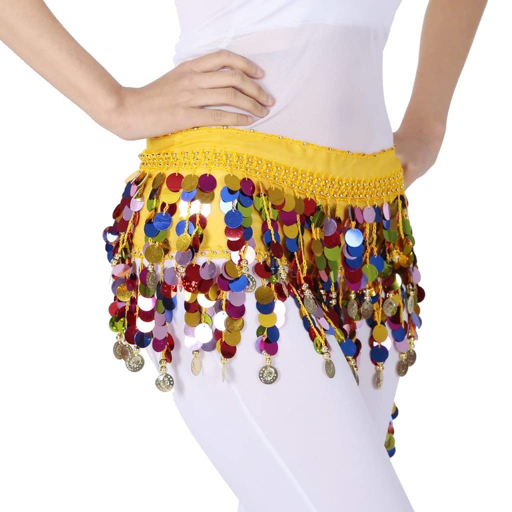 PALAY Belly Dance Hip Scarf Waistband Belt Belly Dance Skirt Wrap with Colorful Bling Coins Fancy Belly Dance Costume Accessories for Women Girls Yellow