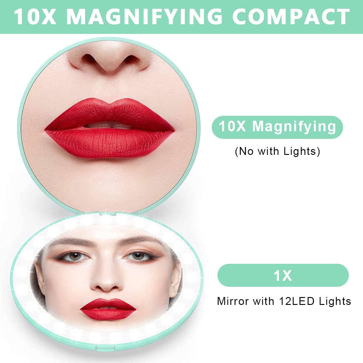 MAYCREATE Travel LED Mirror with 10X Magnification Portable 3.5 inch Double-Side Mirror Illuminated Mirror Folding Vanity Mirror in Clutch Bag, Purse