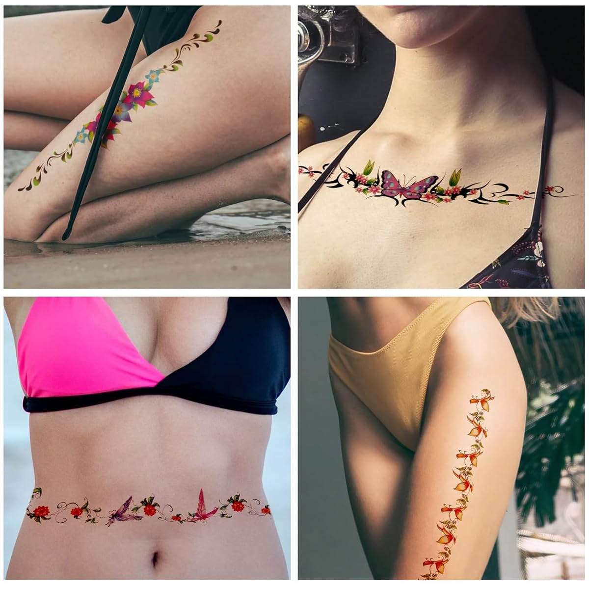 MAYCREATE 10Pcs Body Butterfly Tattoo Sticker, Belly Navel Flower Temporary Tattoo for Women Girls, Waterproof 42cm Long Abdomen Fake Tattoos for Waist Lower, Back, Arm, Thigh, Calf