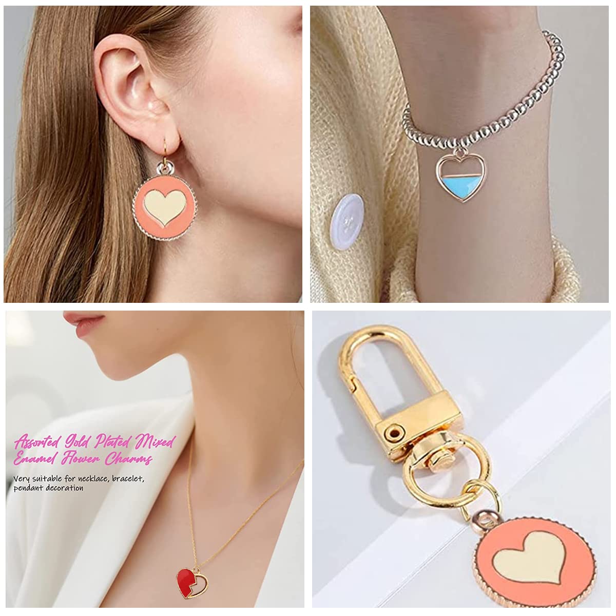 MAYCREATE 50Pcs Enamel Charms for Jewellery Making Heart Shaped Pendants Set Mixed Bulk Metal Earring Charms Necklace Bracelet Charms for Jewelry Making and DIY Crafting