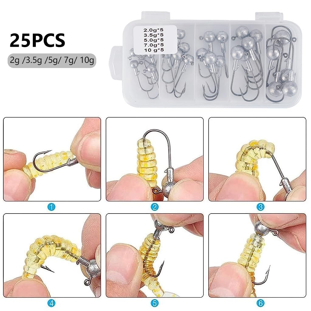 Proberos 25Pcs Fishing Hooks, Weighted Circle Hooks Lead Head Fishing Hook with 5 Different Weights 2g /3.5g /5g/ 7g/ 10g Weighted Lead Head Fishing Hook for Freshwater and Saltwater Fishing