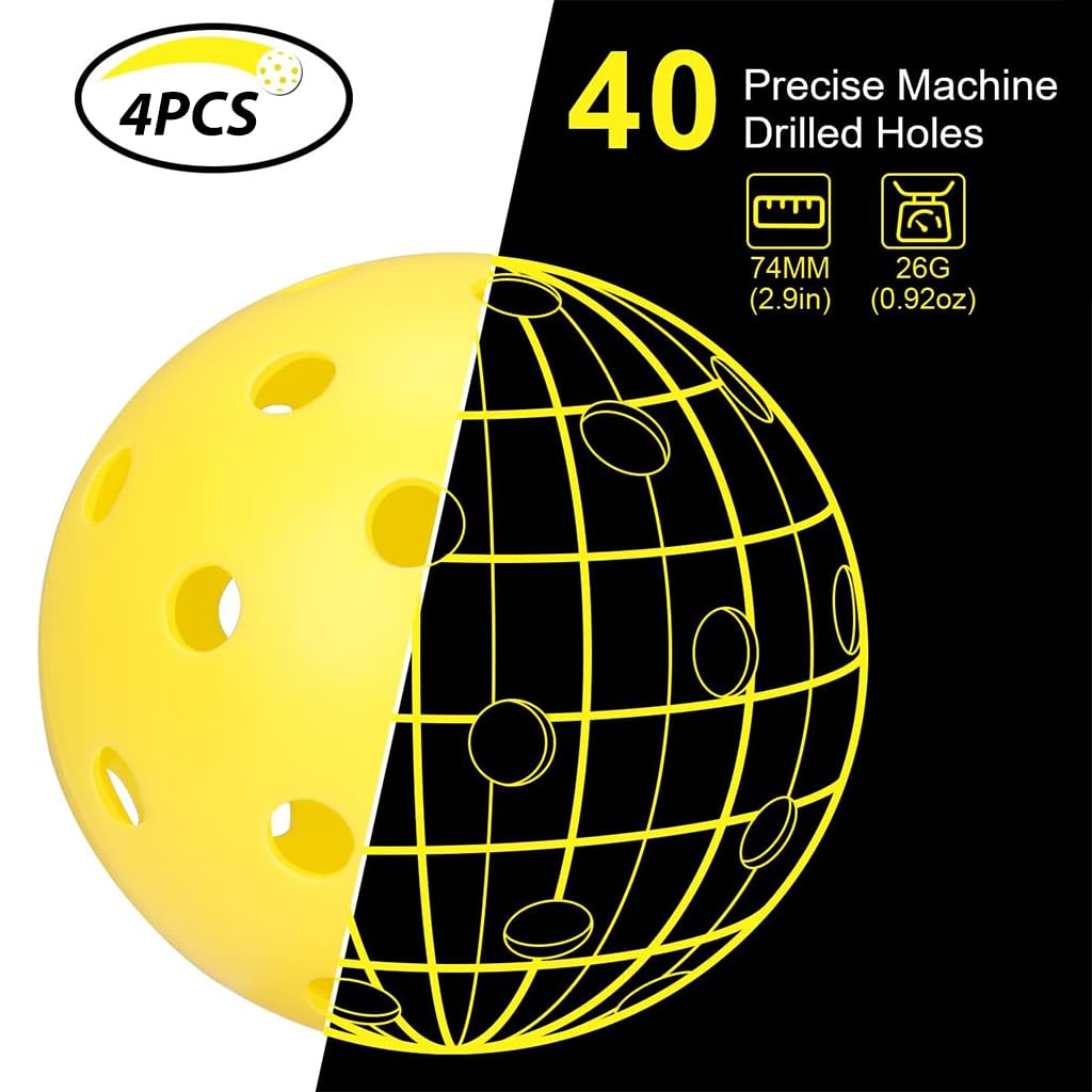 Proberos 4Pcs Outdoor Pickleball Balls 74mm Diameter Pickleball Balls Hard PE 40-Hole Pickleball Balls High Elasticity and Durable Outdoor Pickleball Balls