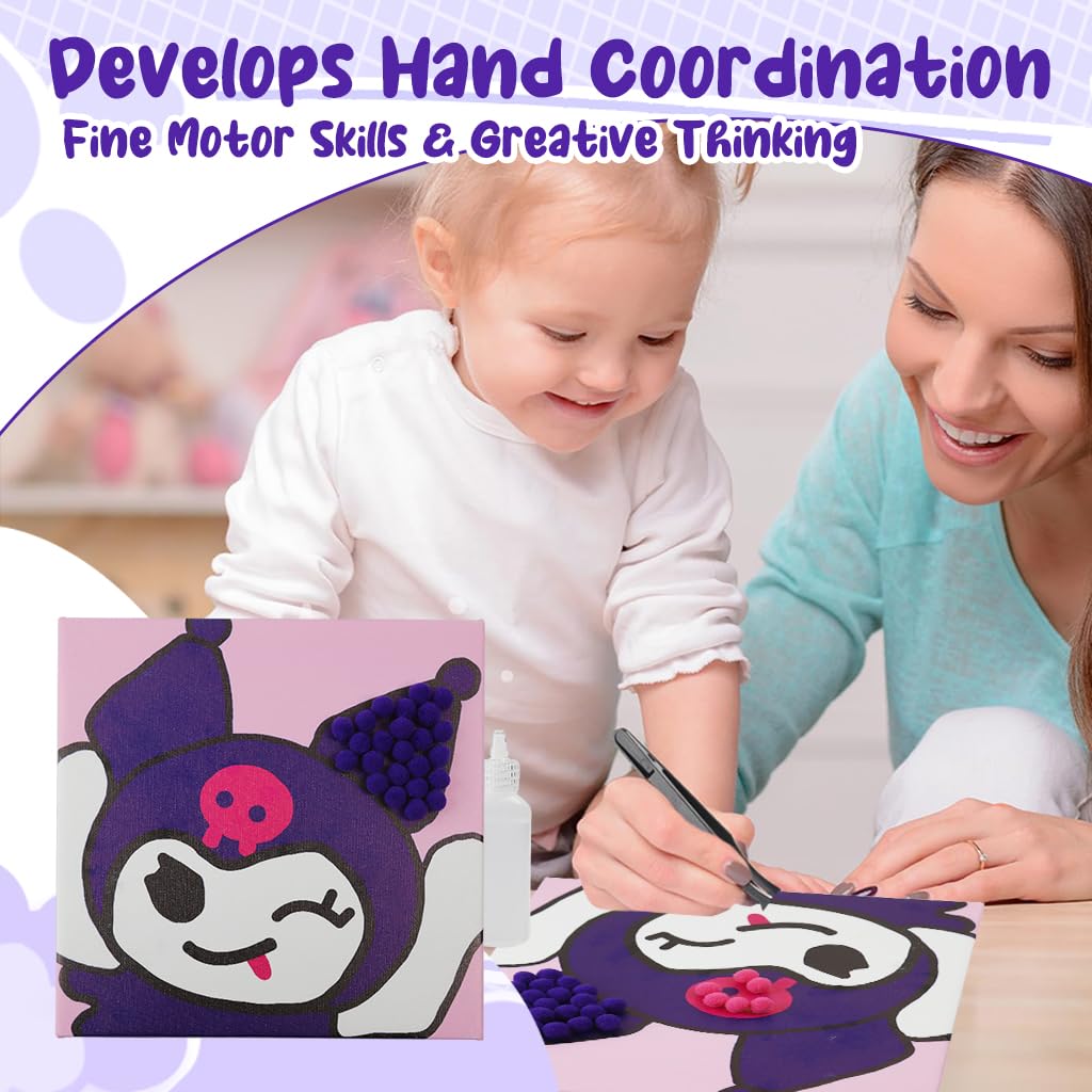 PATPAT DIY Pom Poms Art Material Kit Kawaii Kuromi DIY Pom Poms Art Wall Deocration 7.87x7.87 Inches Kuromi Pom Poms Art Beginners Pom Poms Art Material Kit for Kids and Adults
