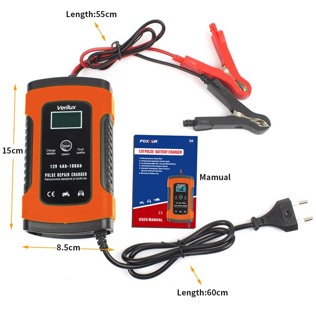 Verilux Fully Automatic Battery Charger 5A 12V, Car Battery Charger & Maintainer- EU Plugfor Car, Motorcycle, Lawn Mower and More(Red)