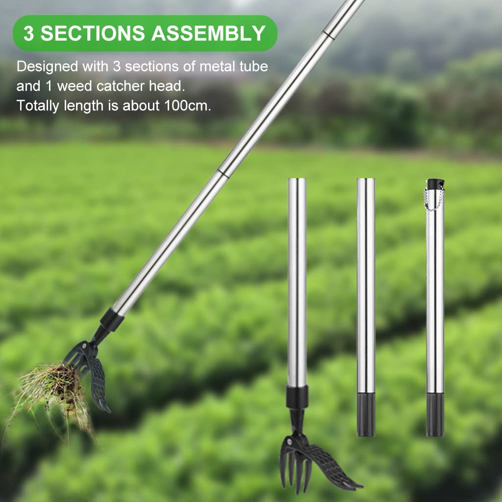 Proberos 1m Weeder Hand Tool for Garden Lawn, Stainless Steel Stand Up Hand Weeder for Terrace Garden, Durable 3 Section Assembly Hand Weeder Manual Weed Puller
