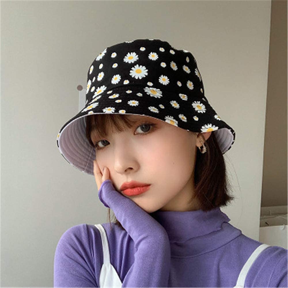 PALAY Bucket Hats for Women Little Daisy Print Cotton Fisherman Beach Hats Foldable Reversible Bucket Outdoor Casual Summer Sun Hat for Ladies Girls Cap (Black)