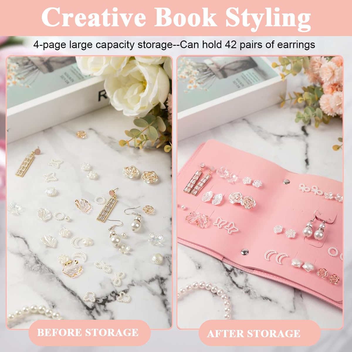 MAYCREATE Earring Book Organizer, Portable Earring Holder Case Pu Leather Travel Earring Case with Foldable Book Design Foldable Leather Earring Organizer Bag