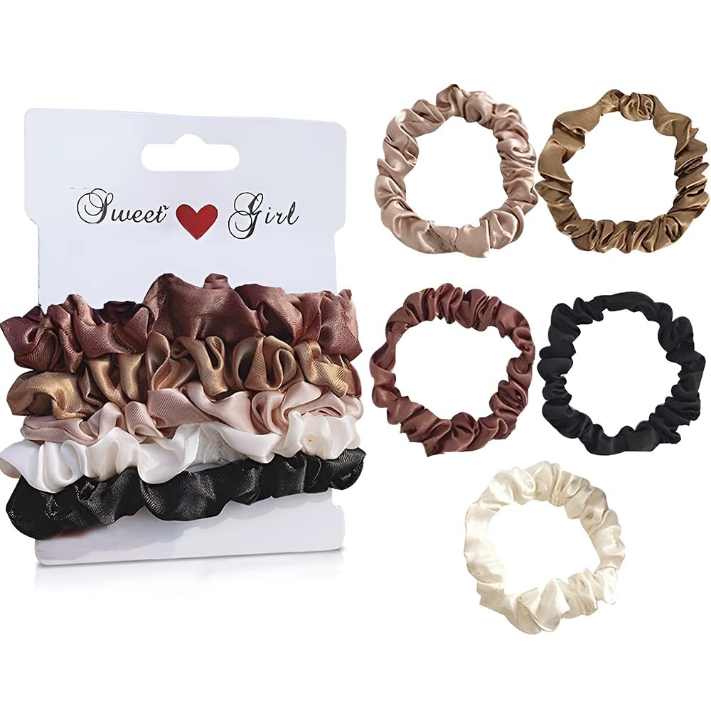 SANNIDHI 5 Pcs Silk Satin Scrunchy Scrunchies for Girls Ladies Women,5 color Elastic Hair Band for Ponytails, Twists, Long hair-Gifts(White,Rose Gold,Ginger,Burgundy Red,Black)