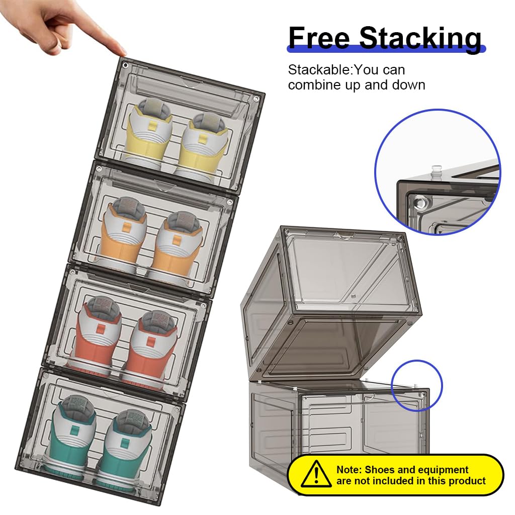 HANNEA 4 Packs Shoe Box Plastic Shoe Storage Separate Shoe Box with Magnet Door Stackable Shoe Organizer Universal Size Sneaker Shoe Box for Men Shoes Box for Women, 27x34x19cm