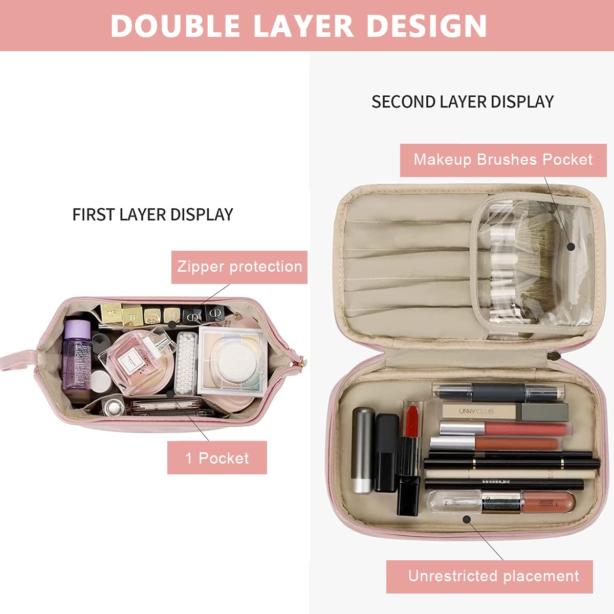 MAYCREATE Large Capacity Cosmetic Bag, Women's Makeup Travel Bag Portable Leather Cosmetics Bag with Handle, Double Layer Portable Zipper Toiletry Bag for Travel Makeup Organizer, Pink
