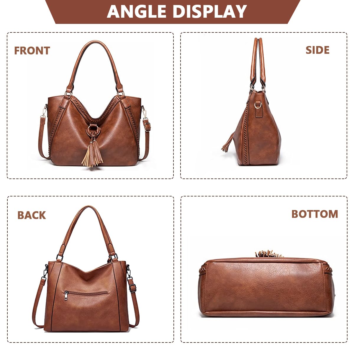 PALAY Tote Bags for Women Handbag Large Capacity Retro Vintage Tote with Shoulder Strap Tassel Decor Handbag for Lady Soft PU Leather Tote Bag Classic Solid Color Shoulder Crossbody Bags