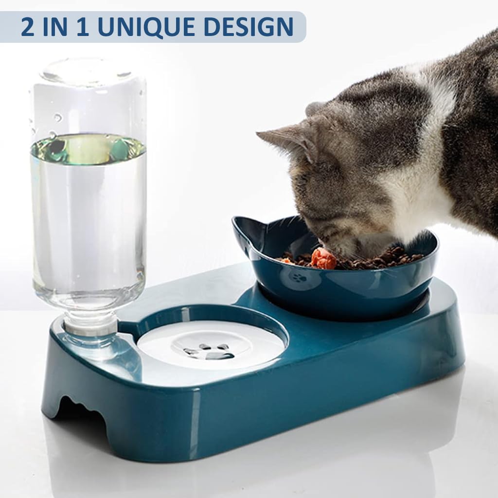 Qpets Cat Dog Feeding Bowl, 2 in 1 Pet Food Bowl with Water Bowl, High Footed Cat Bowl Cartoon Anti Overturning Automatic Refilling Feeding Bowl for Small and Medium Pets Cats Puppies