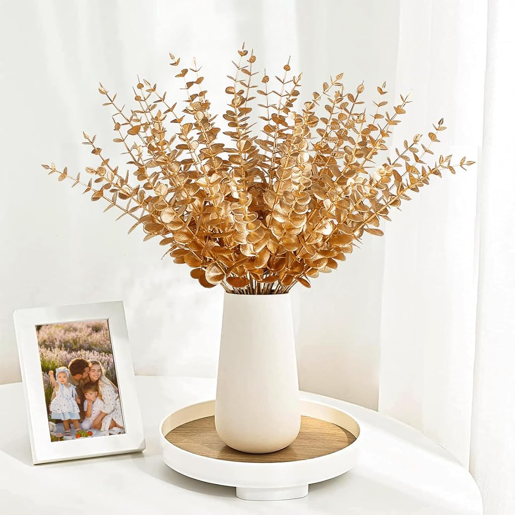 HASTHIP 20Pcs Golden Eucalyptus Leaves Artificial Plants for Home Decor, Fake Leaves Artificial Leaves Branches Artificial Flowers for Wedding, Arrangement, Room Decoration, 16