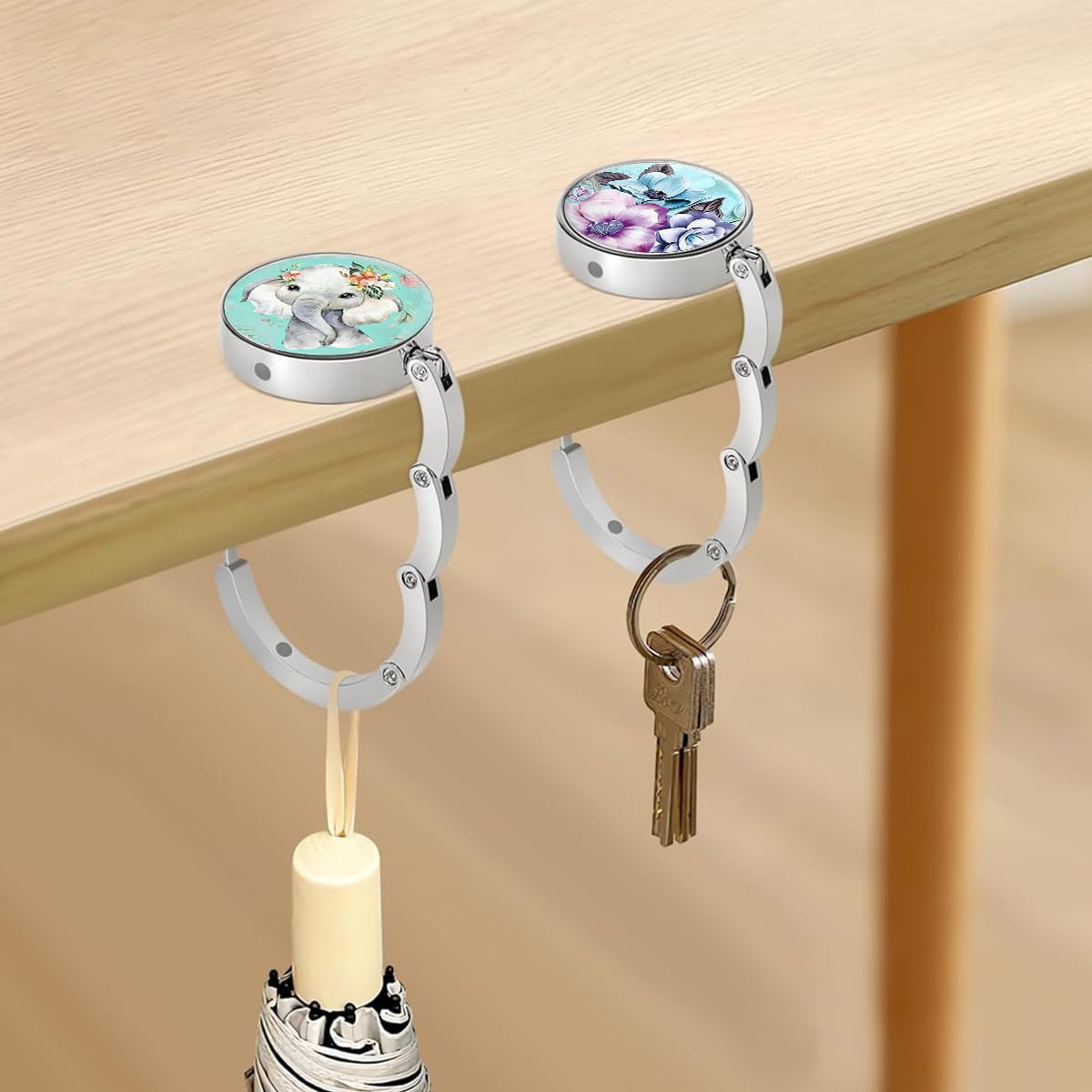 HASTHIP 3Pcs Desk Bag Hanger Aesthetic Design Metal Bag Hanger Portable Folding Bag Ring Hanger for Table, Office Desk Aluminum Alloy Removable Hooks for Bags, Handbag, Backpack