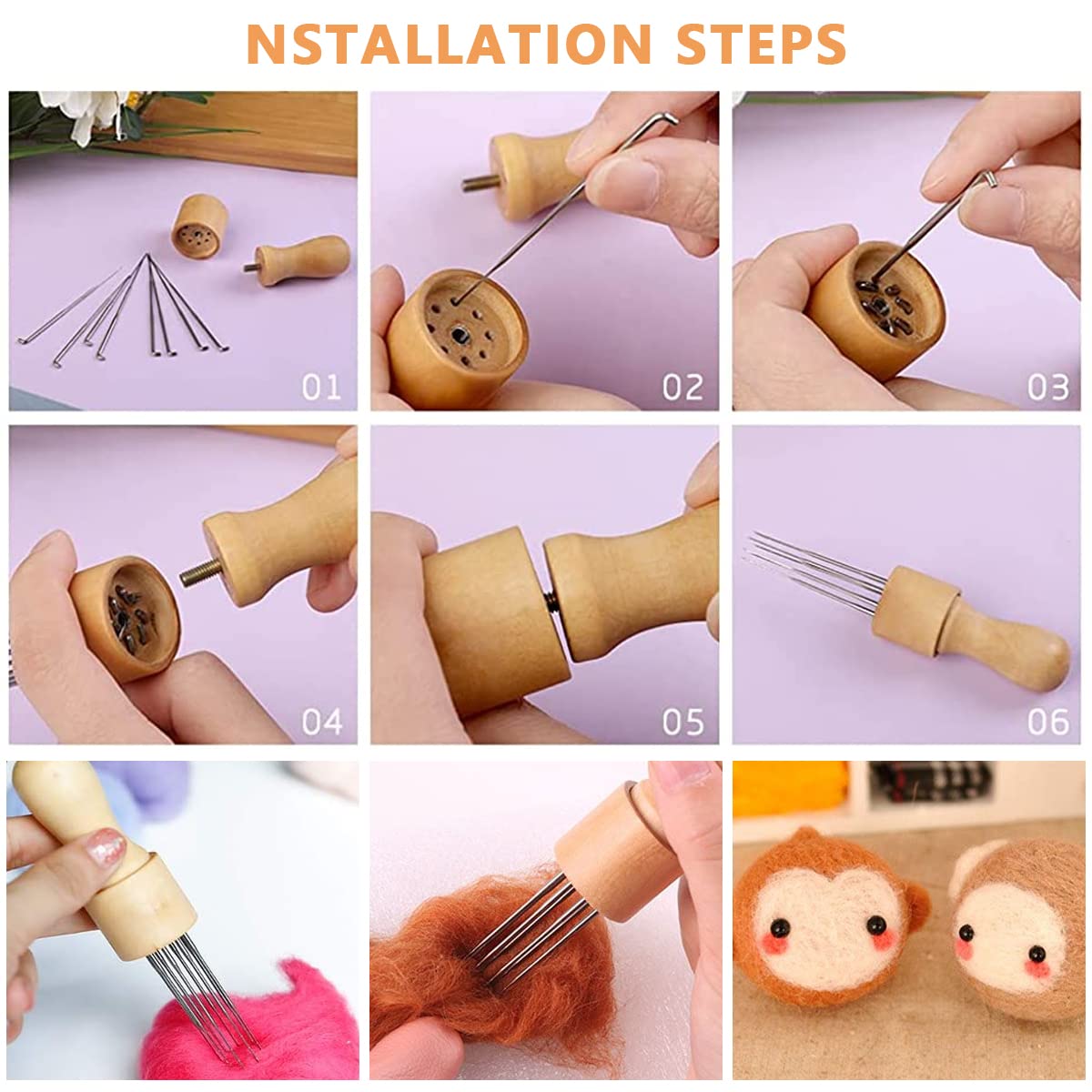 HASTHIP Wooden Felting Needles Tool 8 Needle Wool Felting Needles Tool with Finger Cot for Beginner Professional Felting Art Supplies for DIY Felting Craft Handicraft