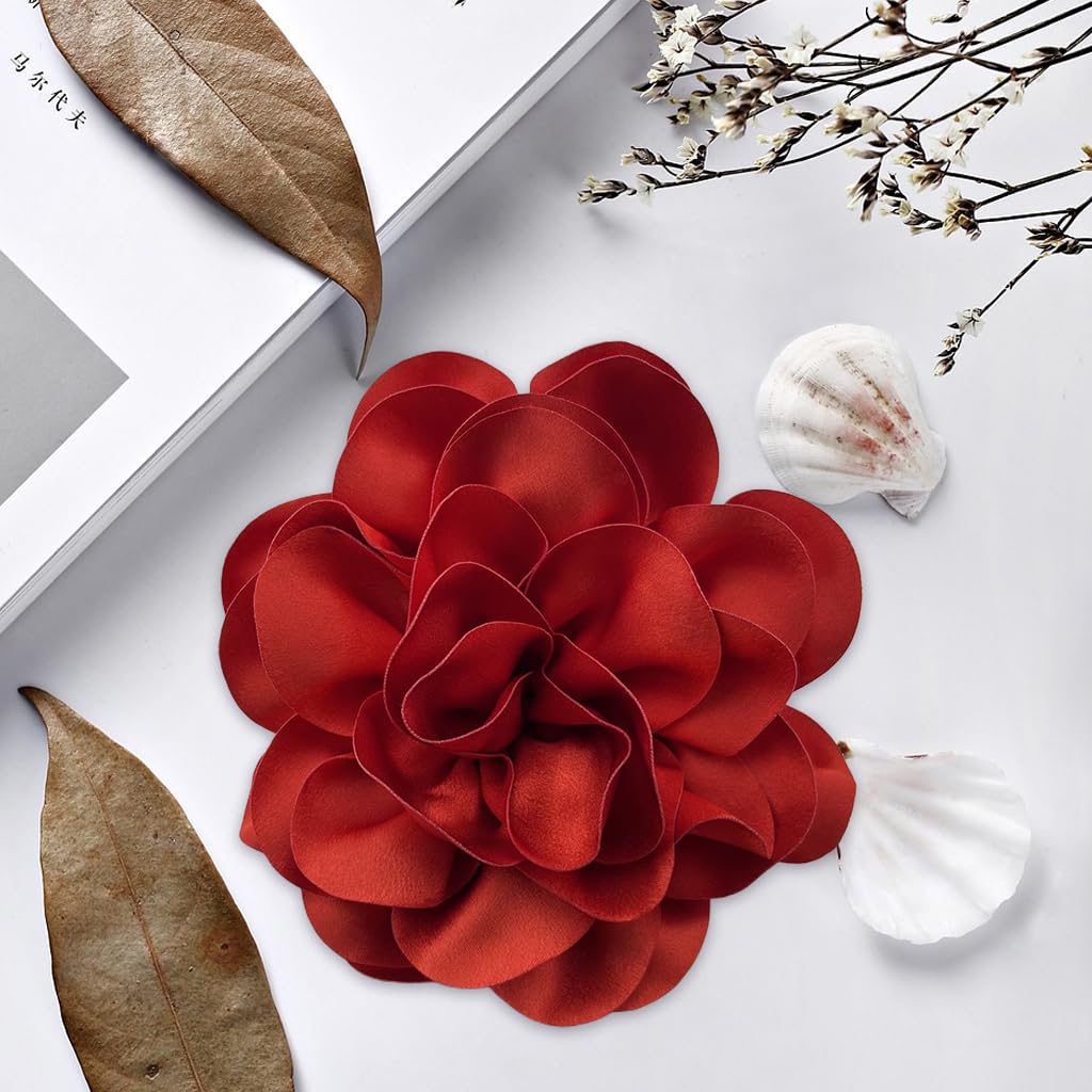 SANNIDHI Large Red Flower Embellishment for Evening Dresses, Floral Accessory Brooch Pin for Latin Dance Dresses, Salsa Dresses, Cha-cha Dresses, Rumba Dress, Suit, 19cm Diameter