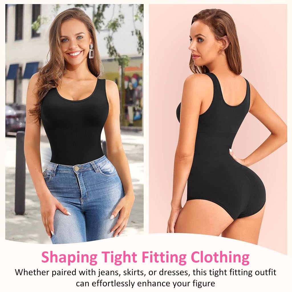 PALAY Body Shaper for Women Waist Trainer Bodysuit Tummy Control Shapewear Seamless Round Neck Tank Top Bodysuit, Beige, M-L