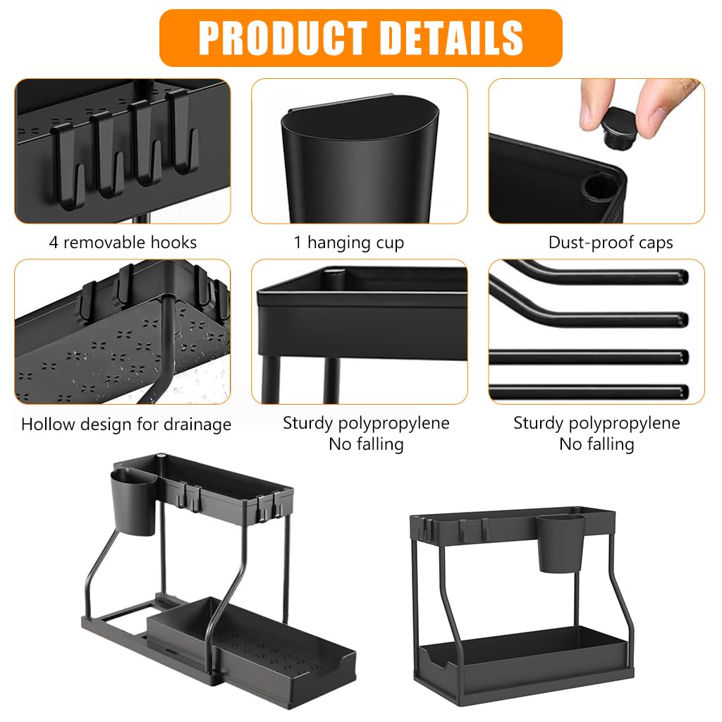HASTHIP Double Layer Kitchen Organizer with Sliding Drawer Rack, Removable Cutlery Holder, Utility Hooks, and Seasoning Jar Storage, Space-Saving Under Sink Organizer for Small Kitchens (Black)