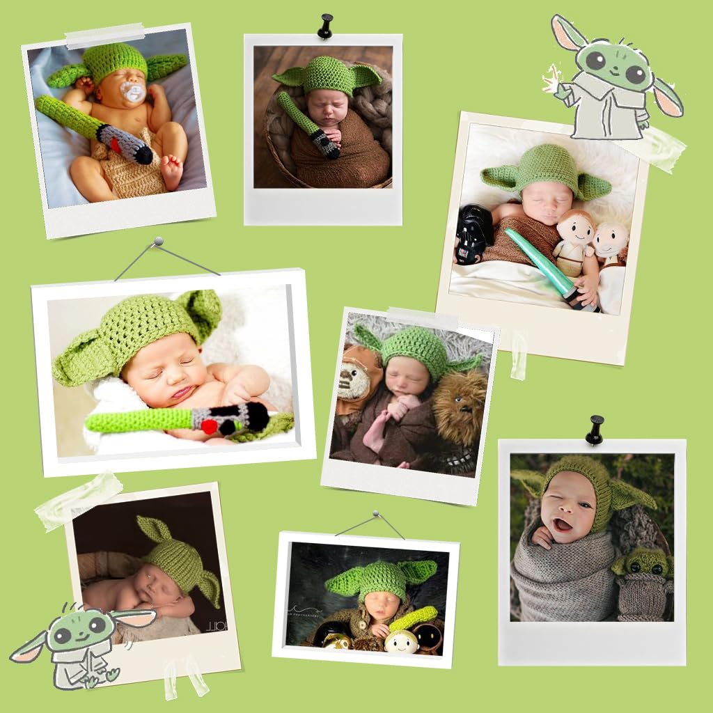 SNOWIE SOFT Baby Crochet Hat Baby Yoda Photography Props Creative Crocheting Baby Yoda Hat and Pants with Soft Crocheting Lightsaber Halloween Baby Costume Star Wars