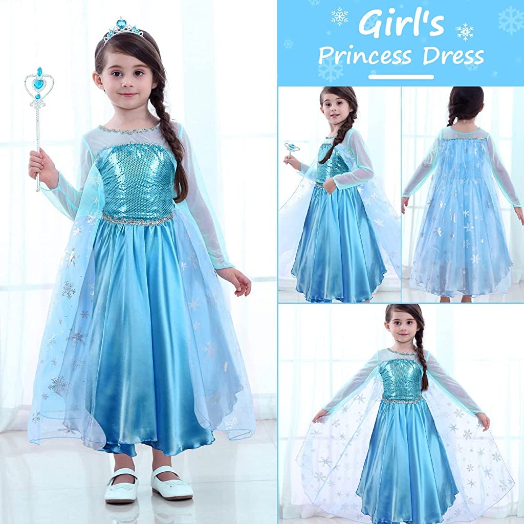 SANNIDHI Elsa Dress for Girls Princess Elsa Costume Dress Sequin Cosplay Clothes Birthday Fancy Party Dress for Toddler Little Girls 3-6 Years(Multicolor)(Nylon + Spandex)