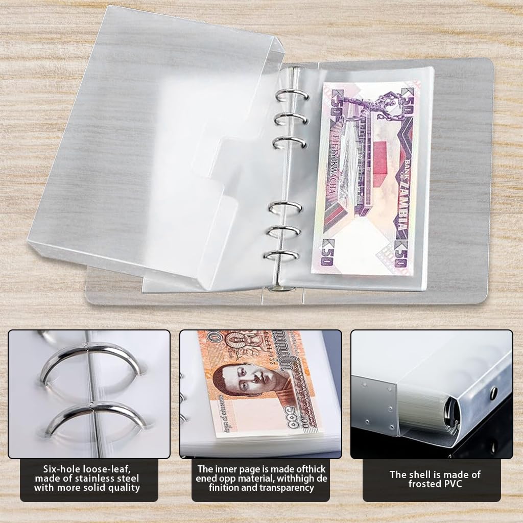 Climberty Currency Collection Album with Dustproof Case - Cash Folder Album Budget Binder Money Saving Cash Folder with 100Pcs Transparent Cash Pocket (7× 4 inch)
