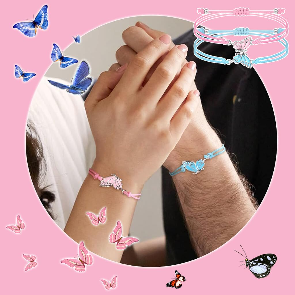 ZIBUYU Friendship Bracelets Butterfly Charm Bracelets Adjustable Rope Bracelets for Girls BFF Bracelets Fashion Pink & Blue Friendship Bracelets Jewelry Gifts for Girls, Friends, Sisters