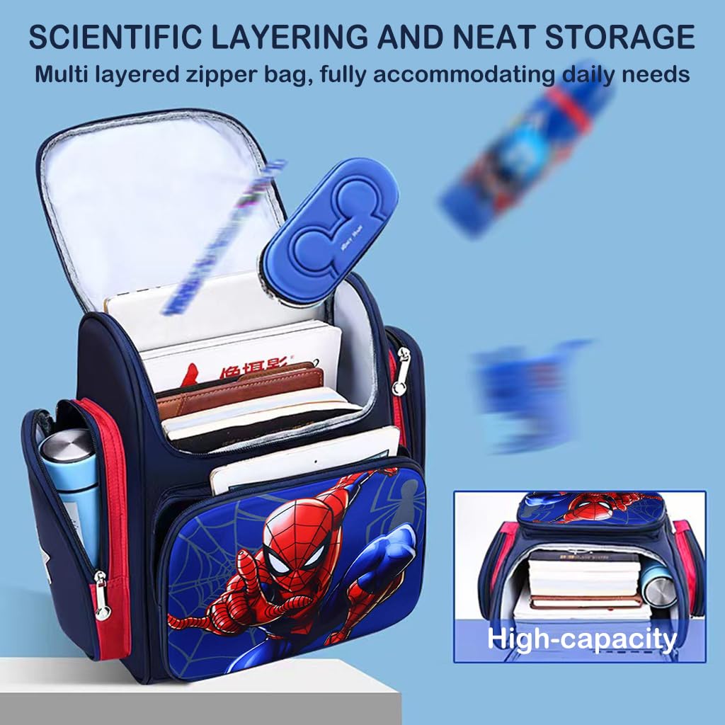 FANCYKU School Backpack for Boy Kids Spider Man Waterpoof Large Capacity School Bag, Travel, Camping, Burden-relief Backpack for Kids Gift (6-12 Years Old), Red