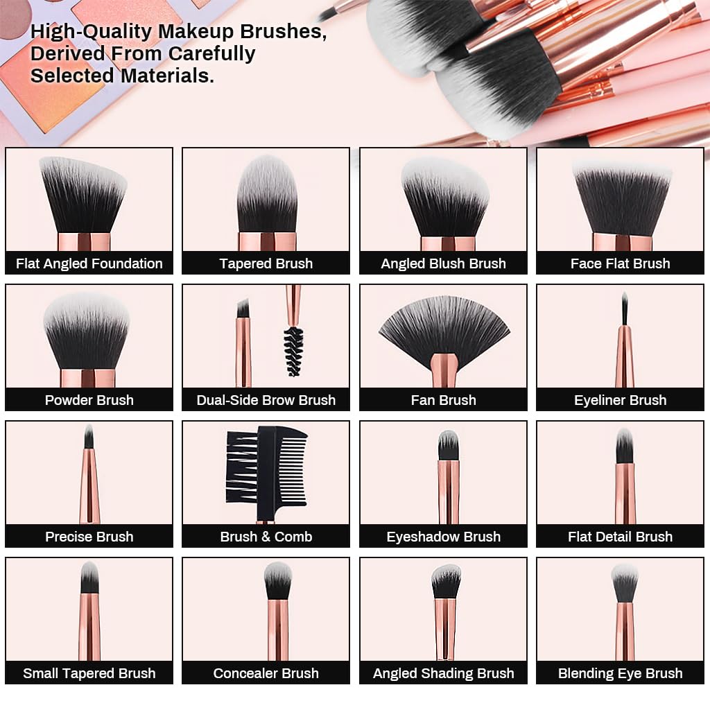 MAYCREATE Makeup Brush Set 16pcs Premium Synthetic for Foundation Powder/Concealers/Eye shadows/Blusher/Highlighter/Contour/Nose Contour/Shading/Lipstick Makeup Brushes for Beginners (Pink)