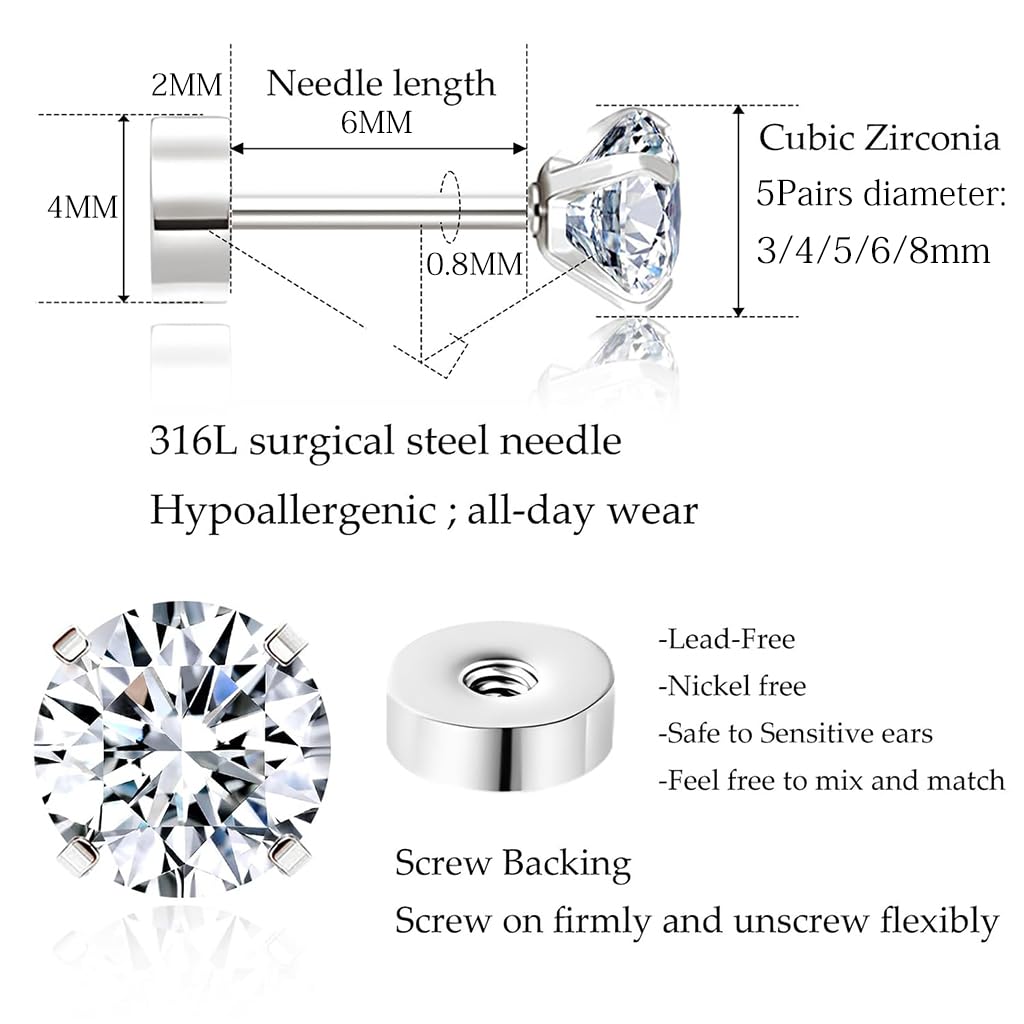 SANNIDHI 5 Pairs Earrings for Women Flat Back Cartilage Stud Earrings Cubic Zirconia 316L Stainless Steel Earrings Hypoallergenic Nickel-Free Earrings - 3/4/5/6/8mm, Silver